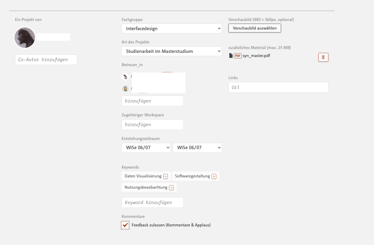 Projekt Metadaten eingeben