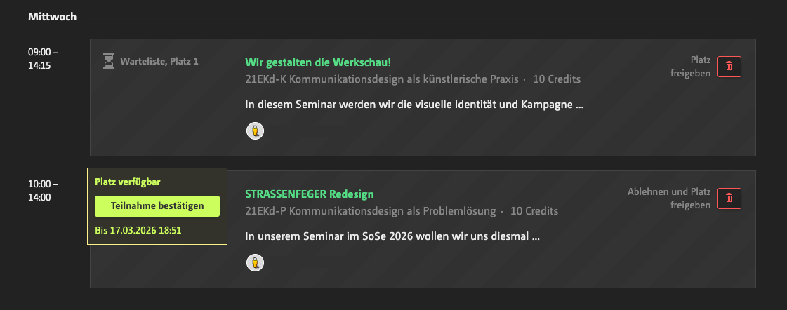 Ergebnisse im Tab Kurswahl