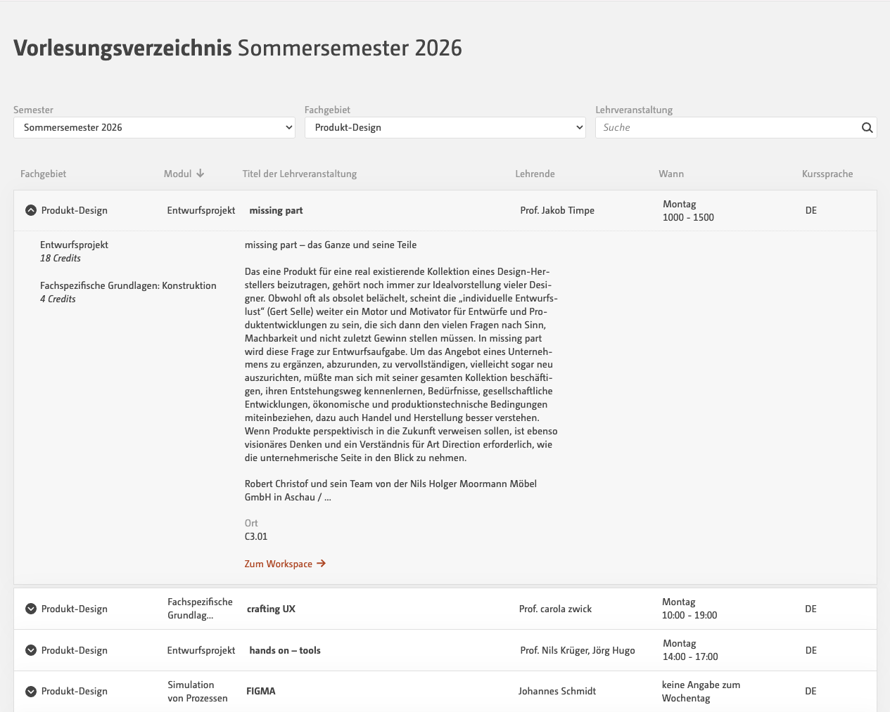Vorlesungsverzeichnis mit Filterung