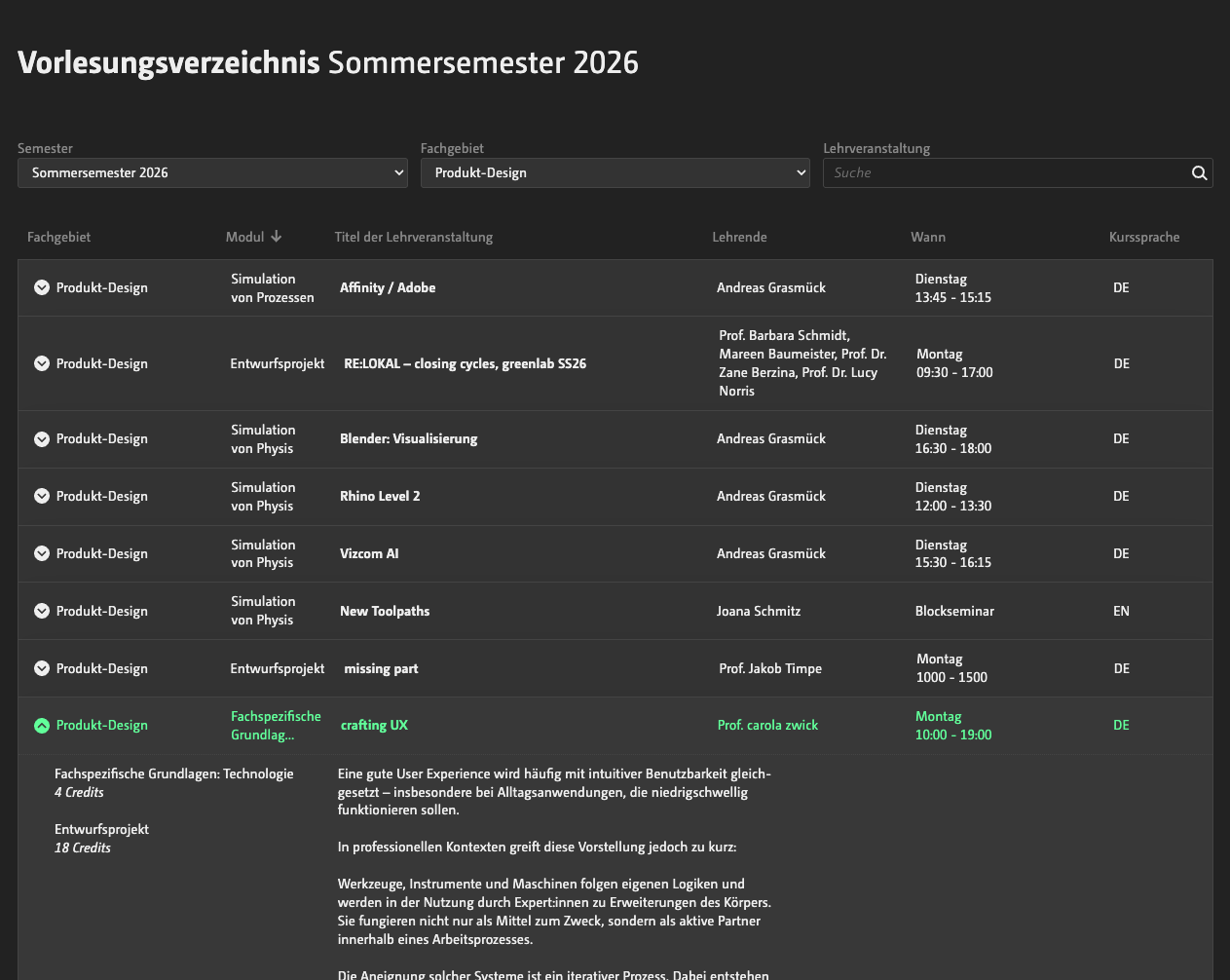 Vorlesungsverzeichnis mit Filterung