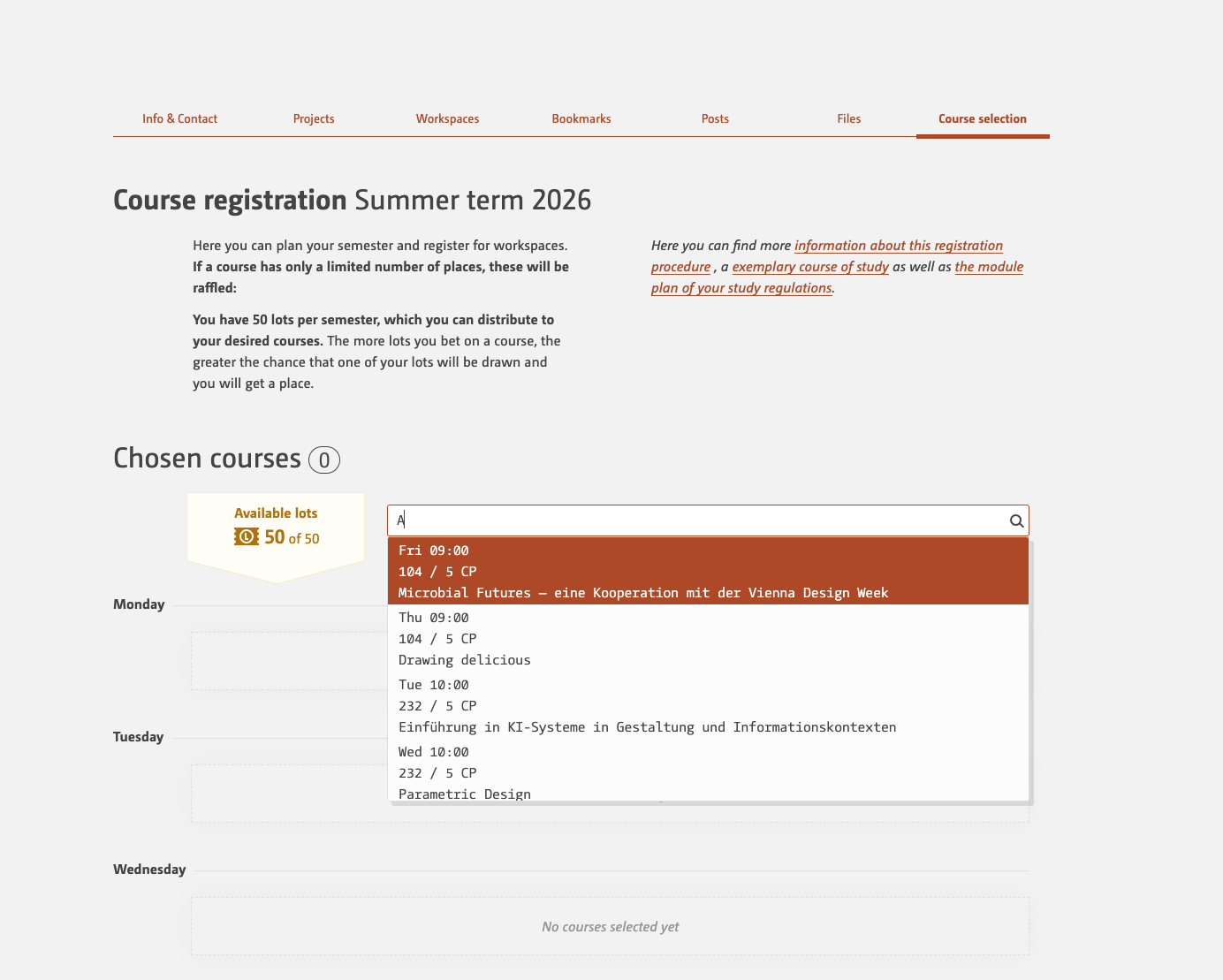 register within course selection tab
