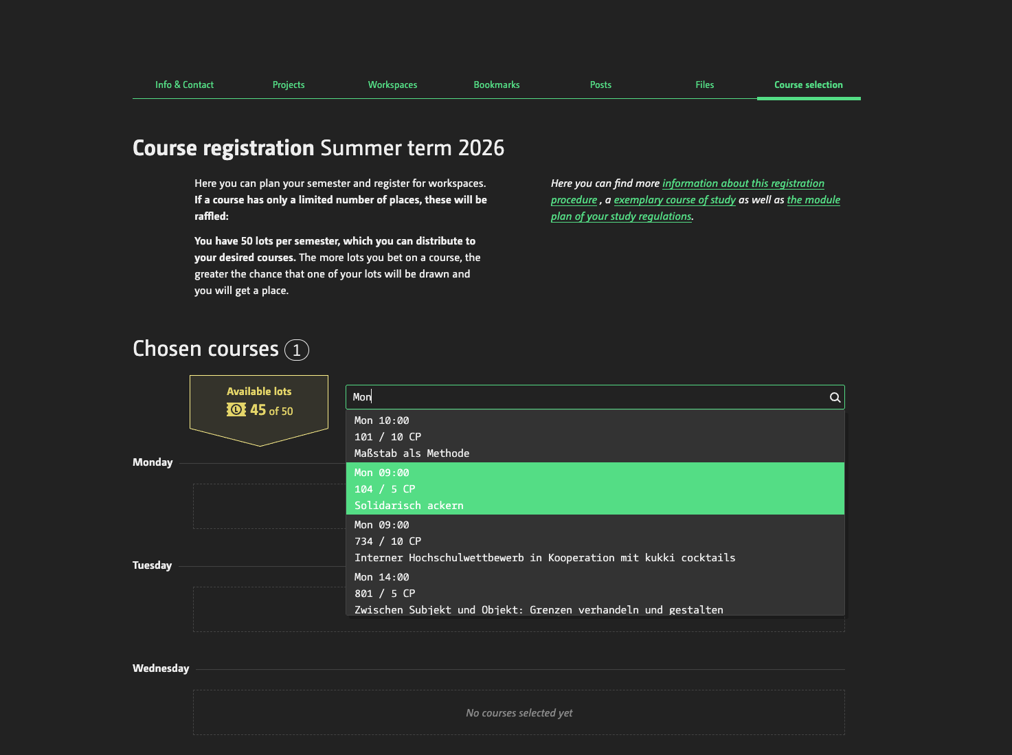 register within course selection tab