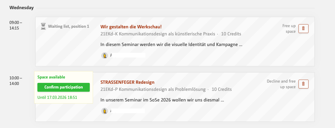 results in the courseselection tab