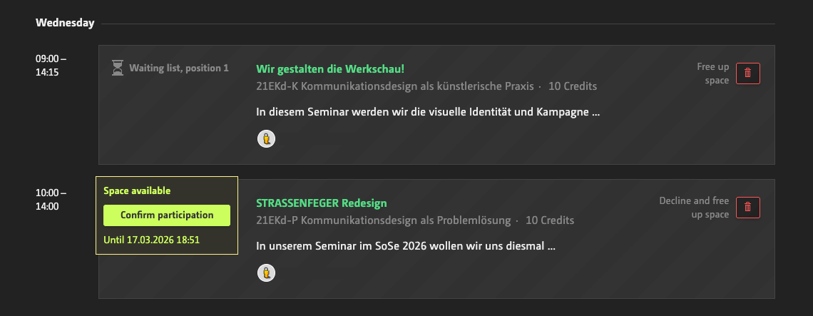 results in the courseselection tab