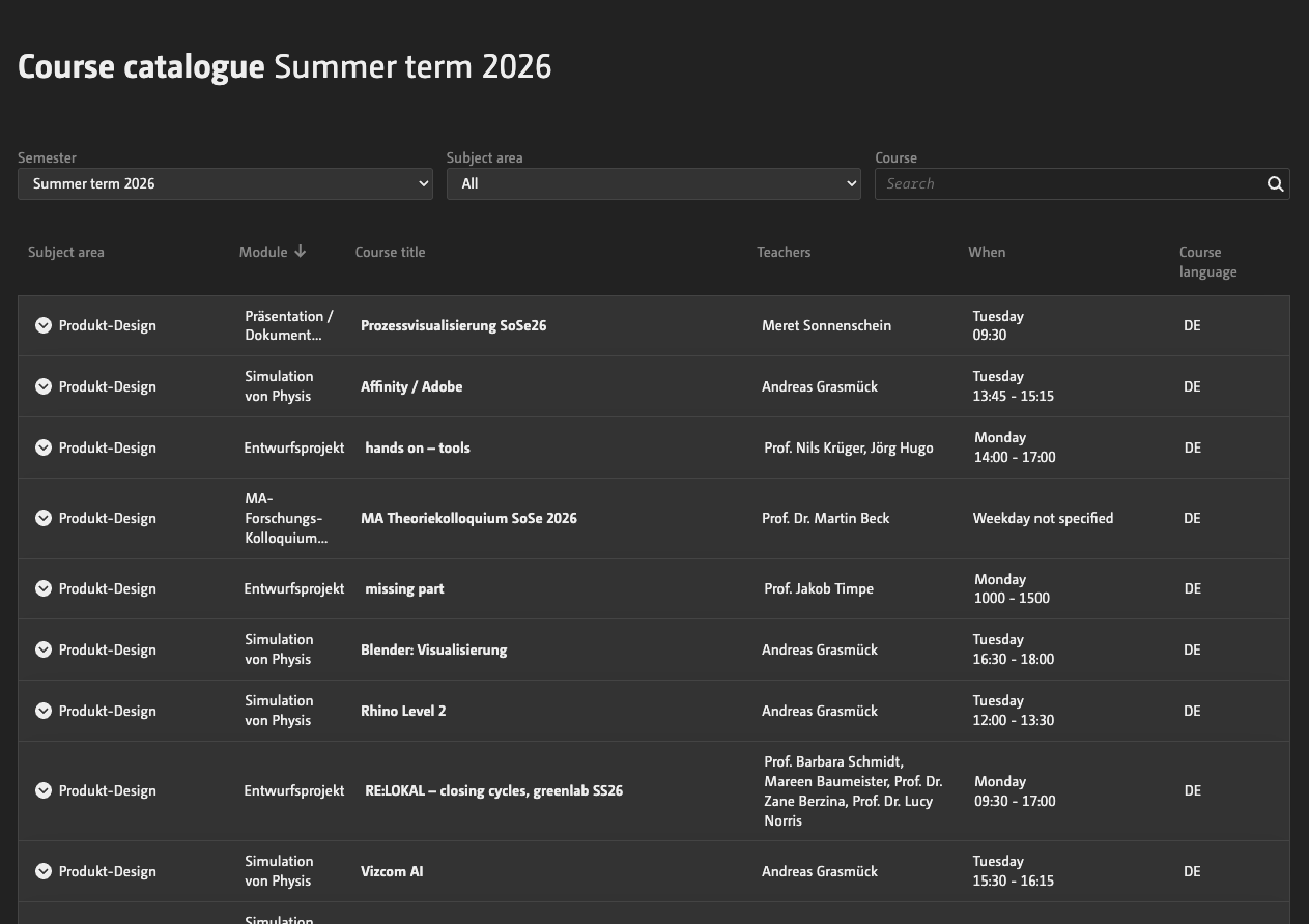 Course catalogue with filter
