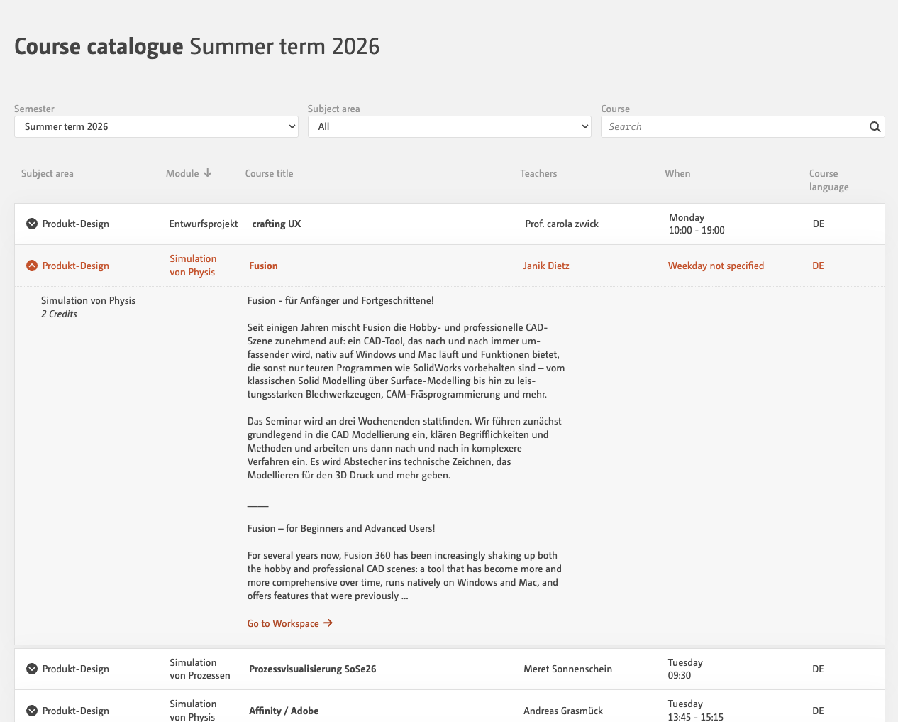 Course catalogue with filter
